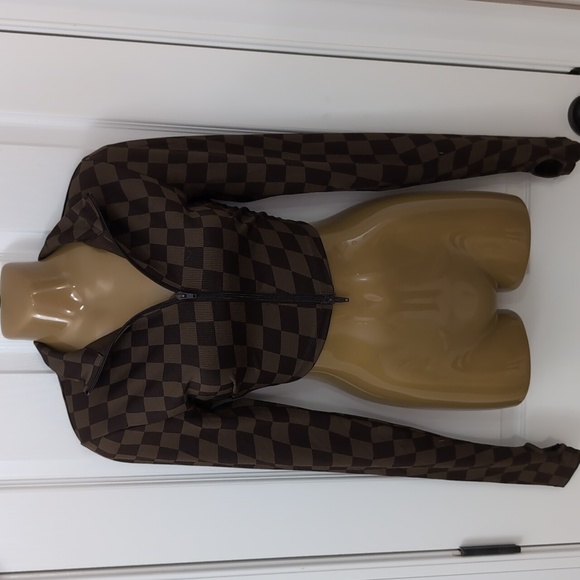 🆕️ H&M Crop Brown check long sleeve zip up Sz M NWT - Picture 3 of 10